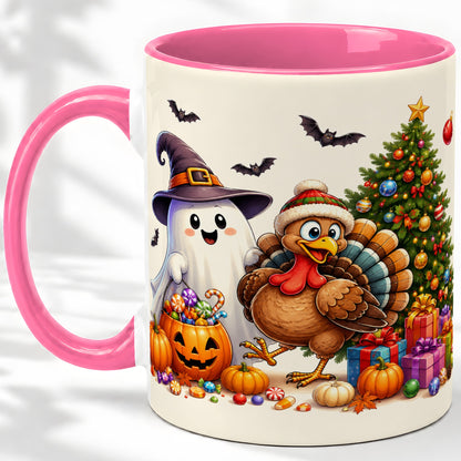 #pl[11oz|Pink] Ghost Turkey Christmas Ceramic Mug, Halloween Holiday Seasonal Art