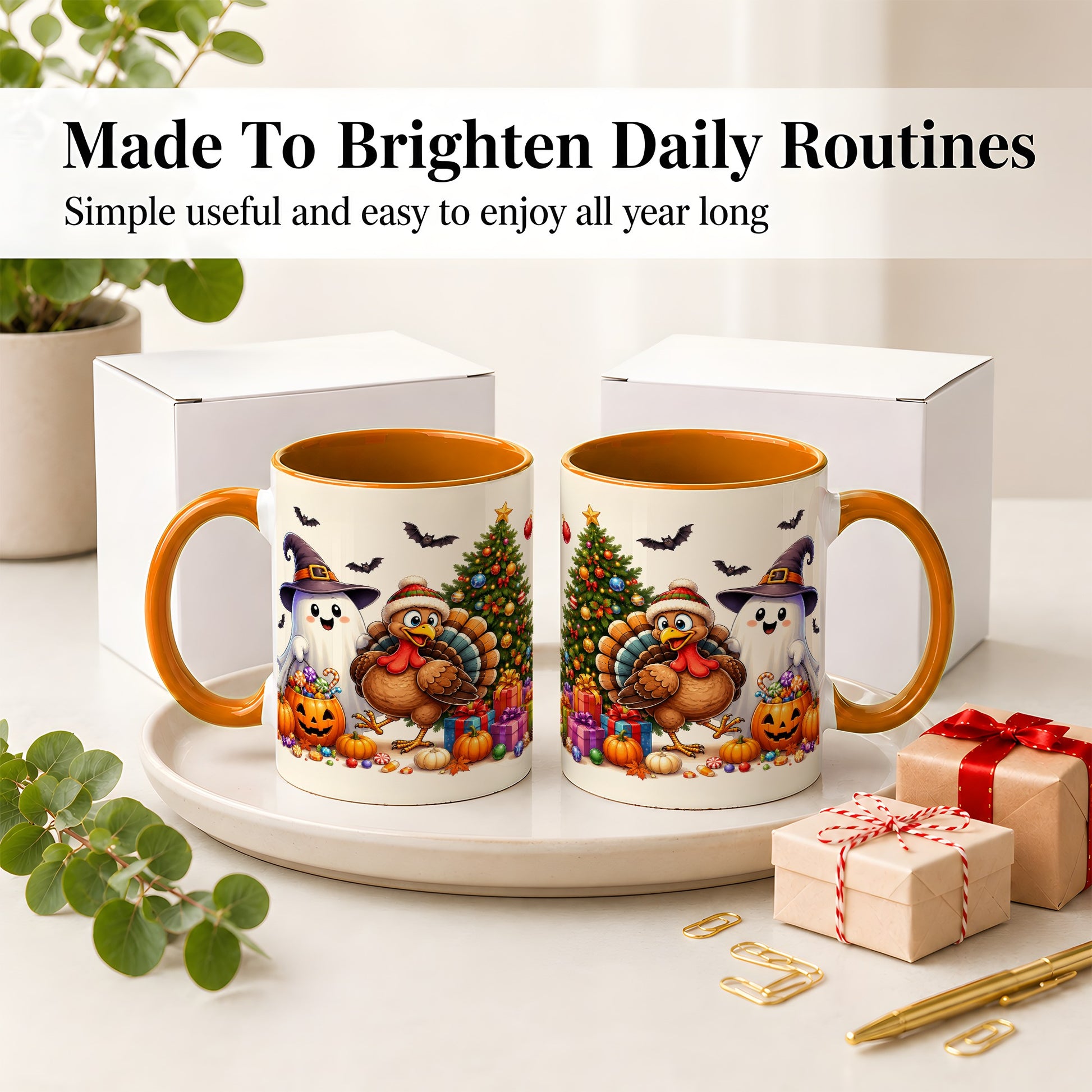 #pl[11oz|Orange] Ghost Turkey Christmas Ceramic Mug, Halloween Holiday Seasonal Art