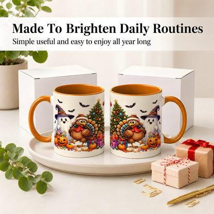 #pl[11oz|Orange] Ghost Turkey Christmas Ceramic Mug, Halloween Holiday Seasonal Art