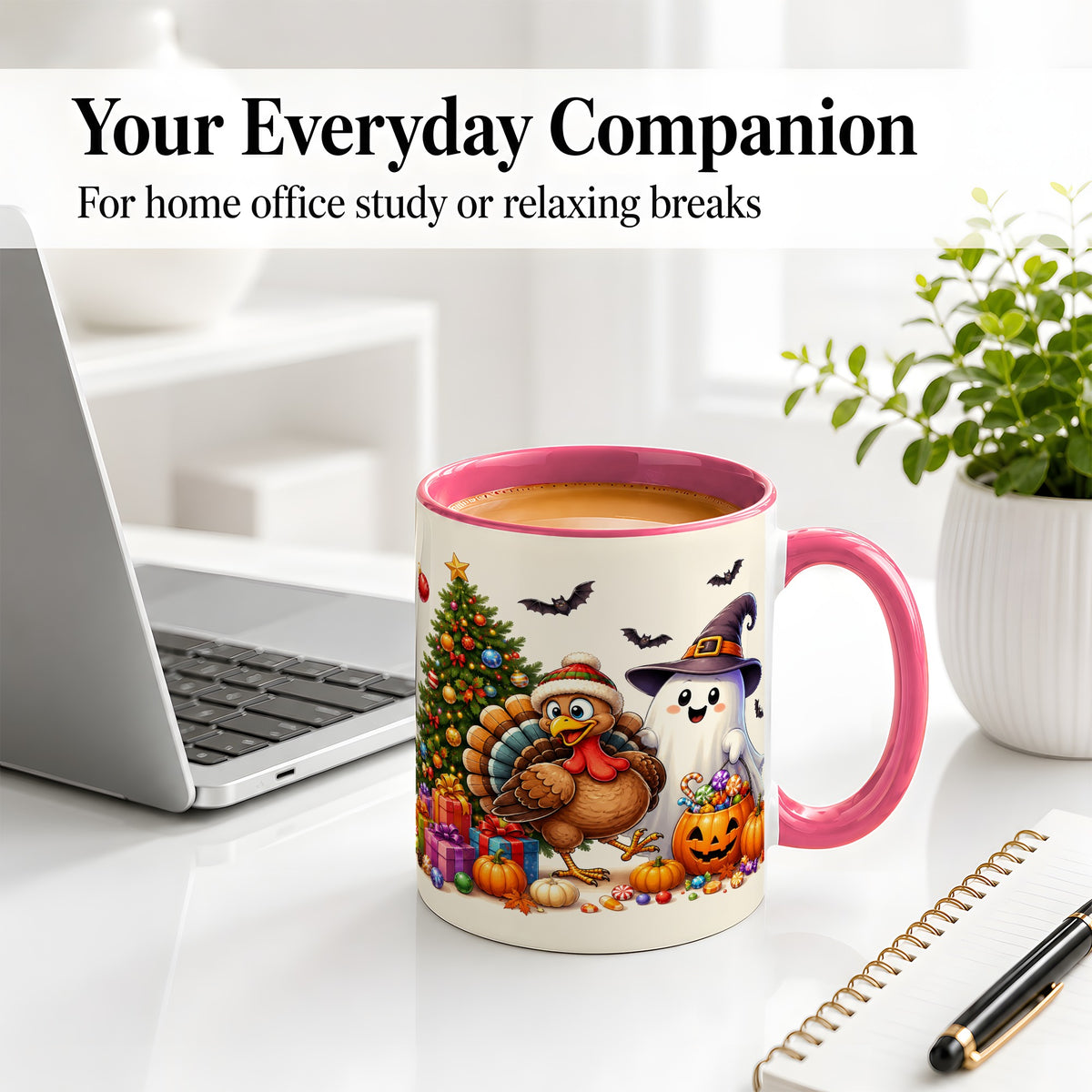 #pl[11oz|Pink] Ghost Turkey Christmas Ceramic Mug, Halloween Holiday Seasonal Art