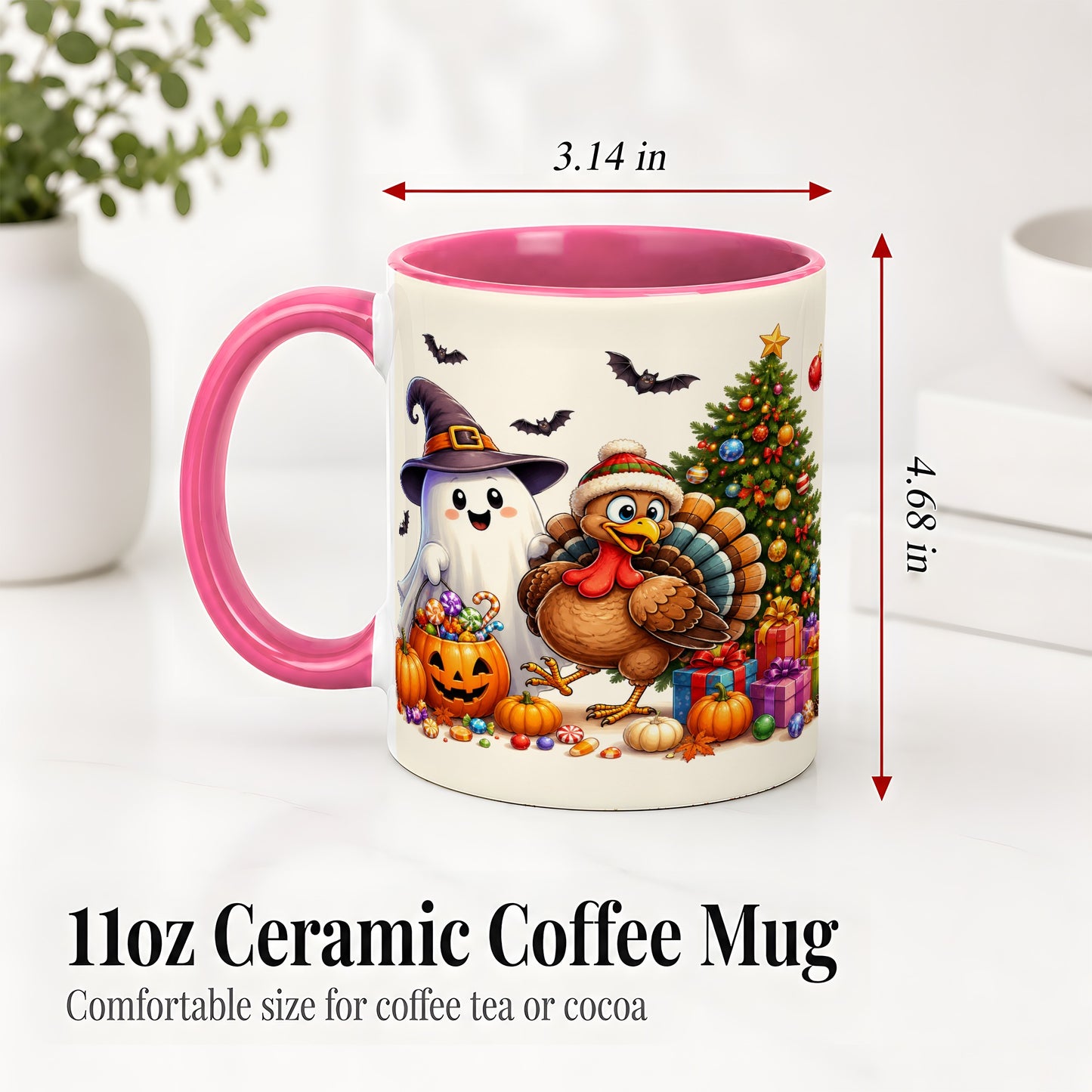 #pl[11oz|Pink] Ghost Turkey Christmas Ceramic Mug, Halloween Holiday Seasonal Art