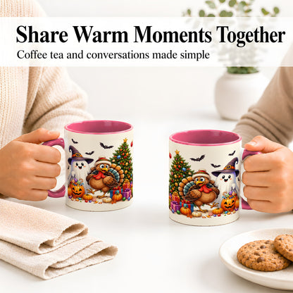 #pl[11oz|Pink] Ghost Turkey Christmas Ceramic Mug, Halloween Holiday Seasonal Art