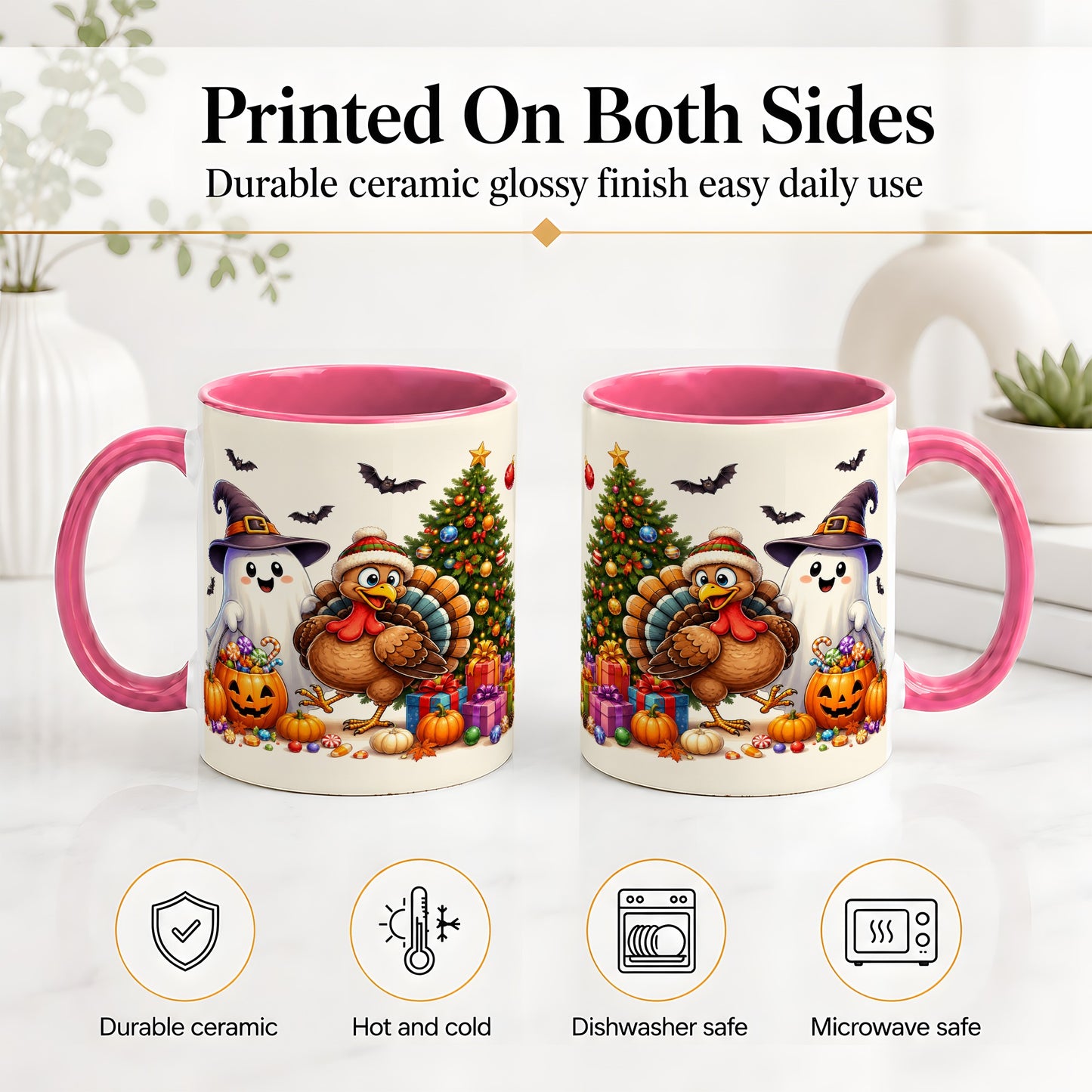 #pl[11oz|Pink] Ghost Turkey Christmas Ceramic Mug, Halloween Holiday Seasonal Art