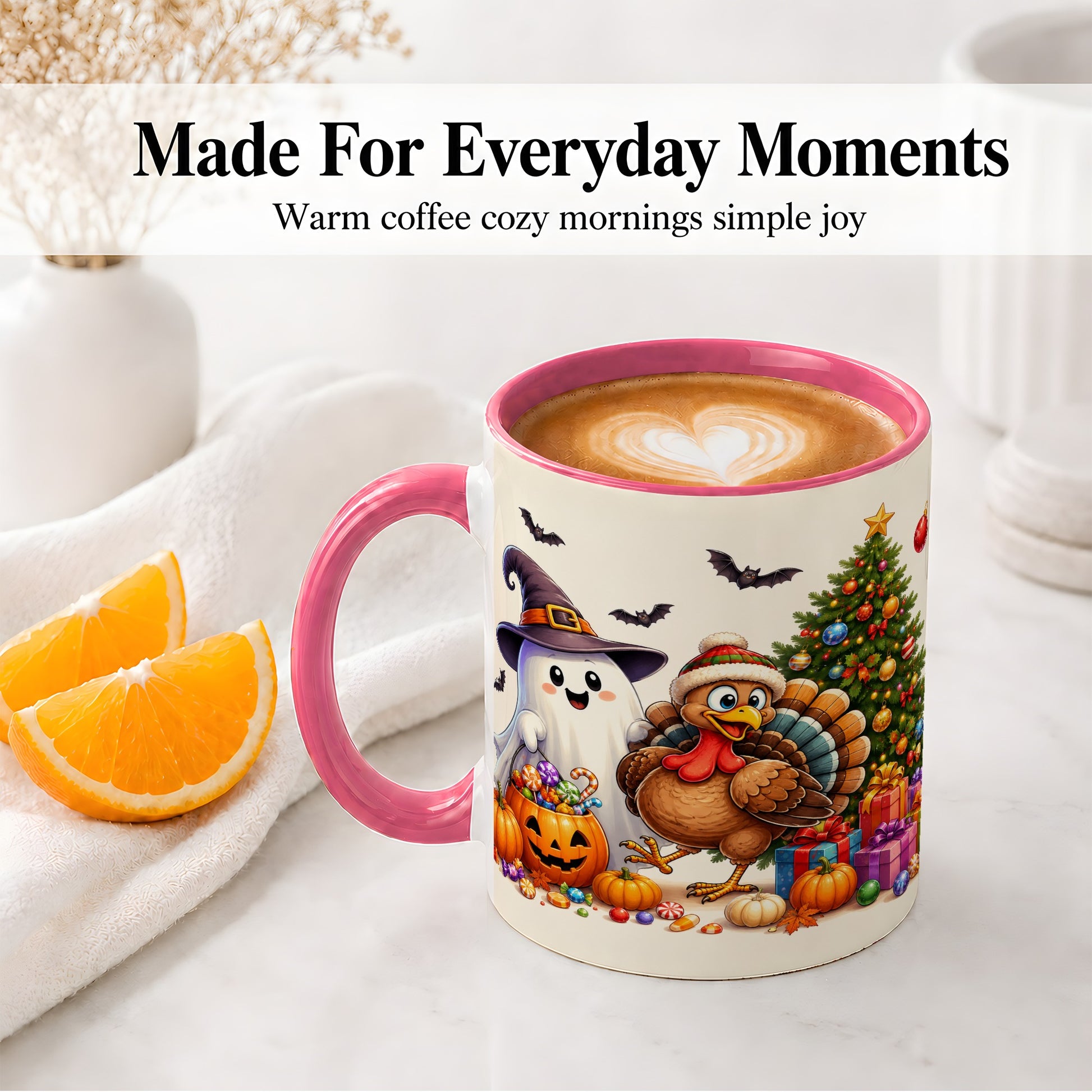 #pl[11oz|Pink] Ghost Turkey Christmas Ceramic Mug, Halloween Holiday Seasonal Art
