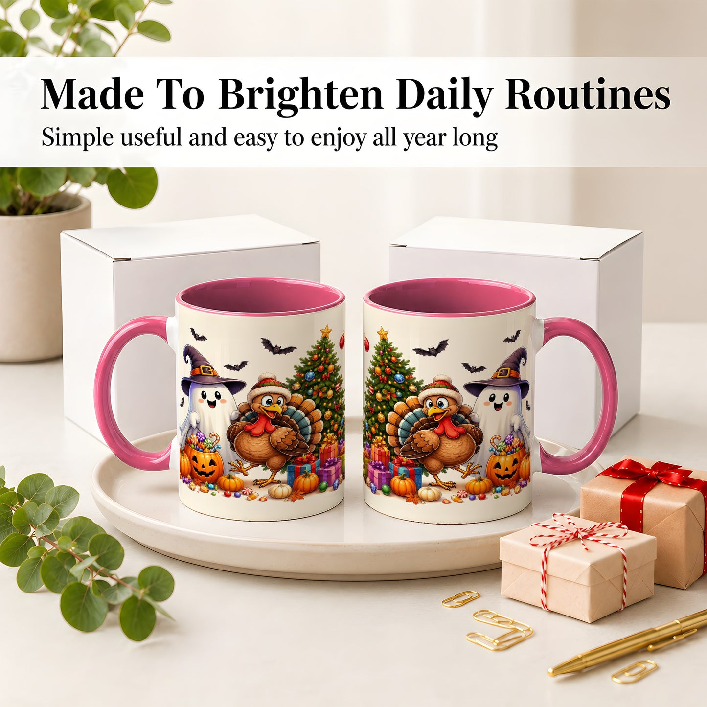 #pl[11oz|Pink] Ghost Turkey Christmas Ceramic Mug, Halloween Holiday Seasonal Art
