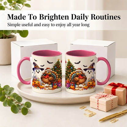 #pl[11oz|Pink] Ghost Turkey Christmas Ceramic Mug, Halloween Holiday Seasonal Art