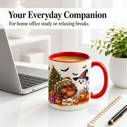 #pl[11oz|Red] Ghost Turkey Christmas Ceramic Mug, Halloween Holiday Seasonal Art