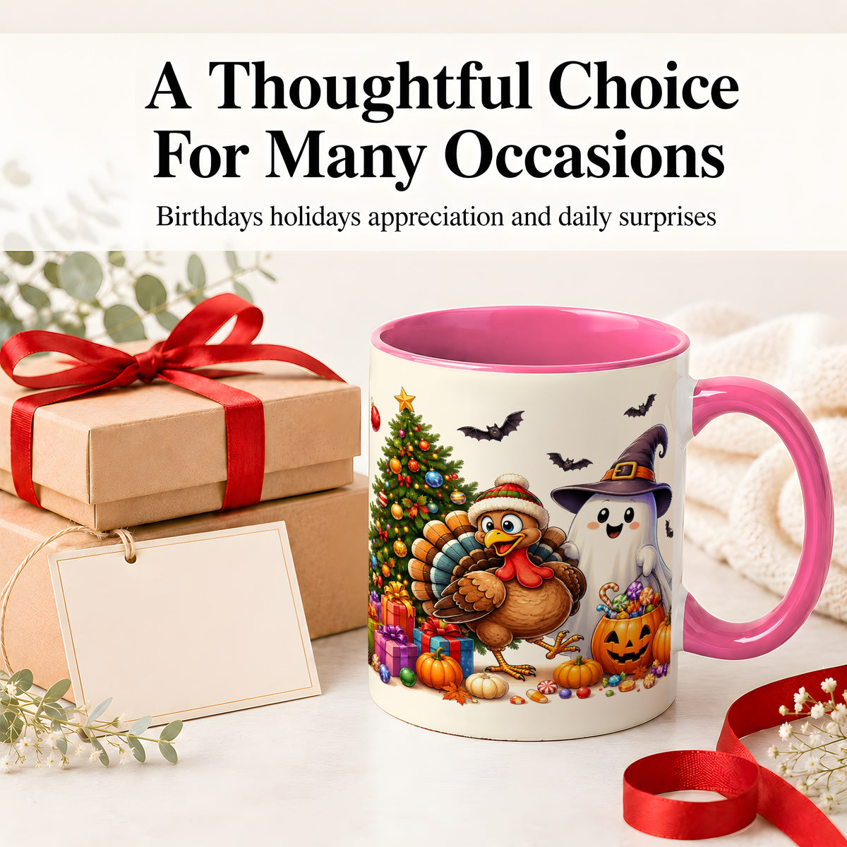#pl[11oz|Pink] Ghost Turkey Christmas Ceramic Mug, Halloween Holiday Seasonal Art