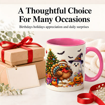 #pl[11oz|Pink] Ghost Turkey Christmas Ceramic Mug, Halloween Holiday Seasonal Art
