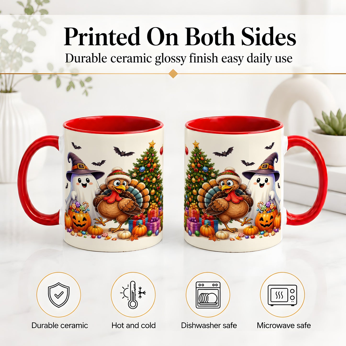 #pl[11oz|Red] Ghost Turkey Christmas Ceramic Mug, Halloween Holiday Seasonal Art