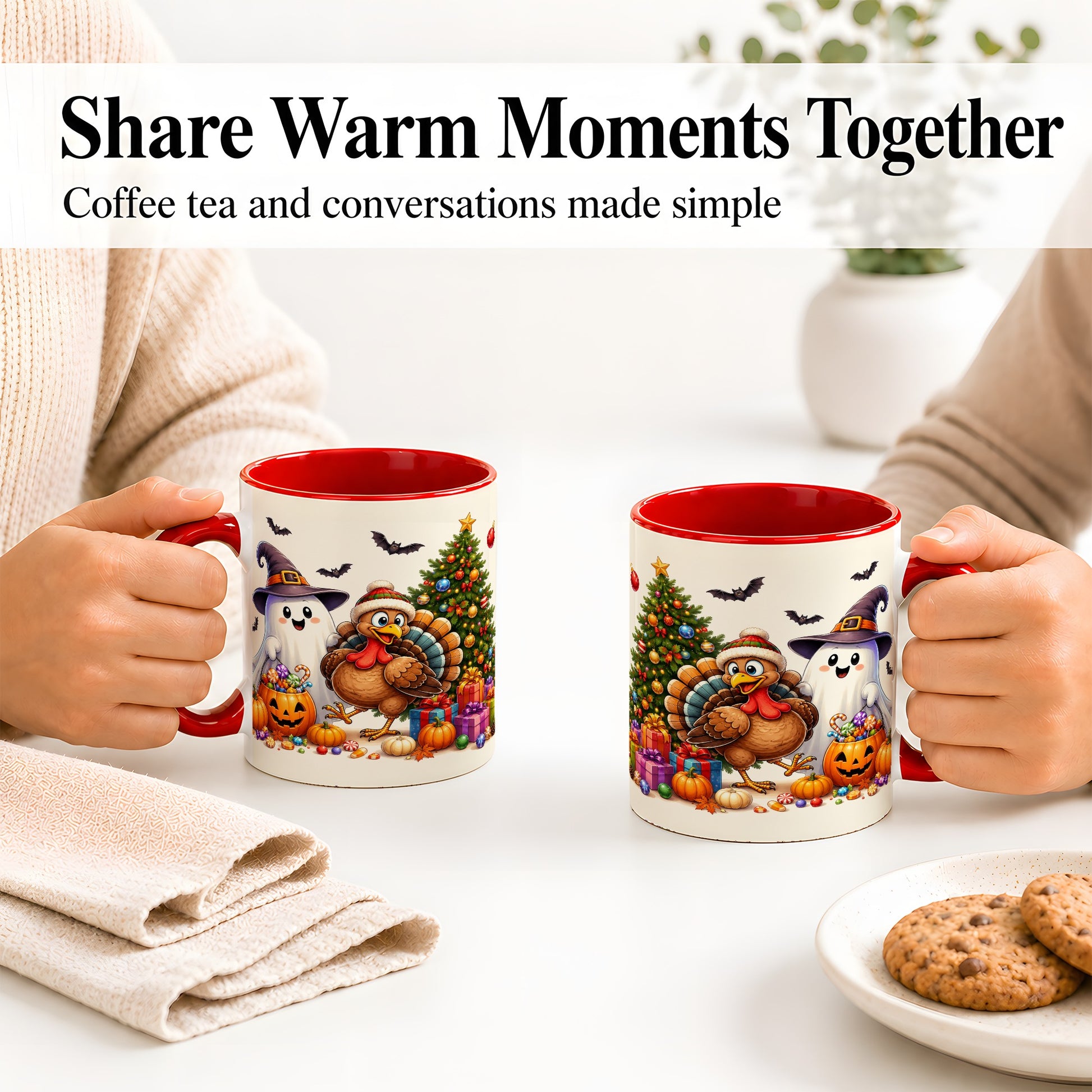 #pl[11oz|Red] Ghost Turkey Christmas Ceramic Mug, Halloween Holiday Seasonal Art