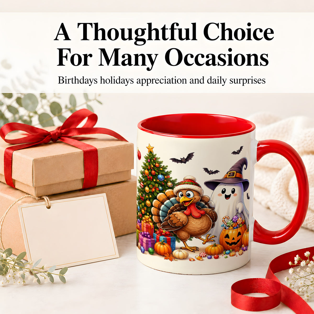 #pl[11oz|Red] Ghost Turkey Christmas Ceramic Mug, Halloween Holiday Seasonal Art