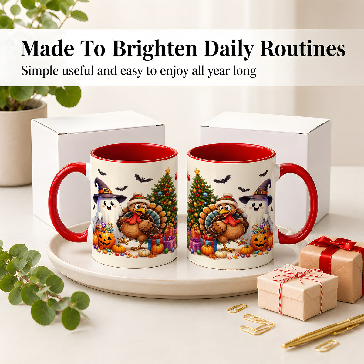 #pl[11oz|Red] Ghost Turkey Christmas Ceramic Mug, Halloween Holiday Seasonal Art