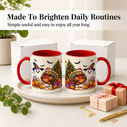 #pl[11oz|Red] Ghost Turkey Christmas Ceramic Mug, Halloween Holiday Seasonal Art