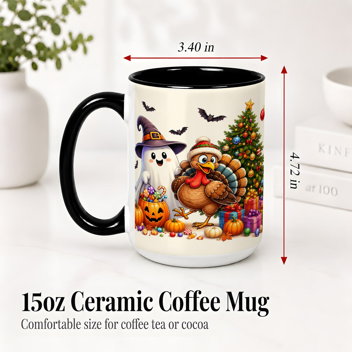#pl[15oz|Black] Ghost Turkey Christmas Ceramic Mug, Halloween Holiday Seasonal Art