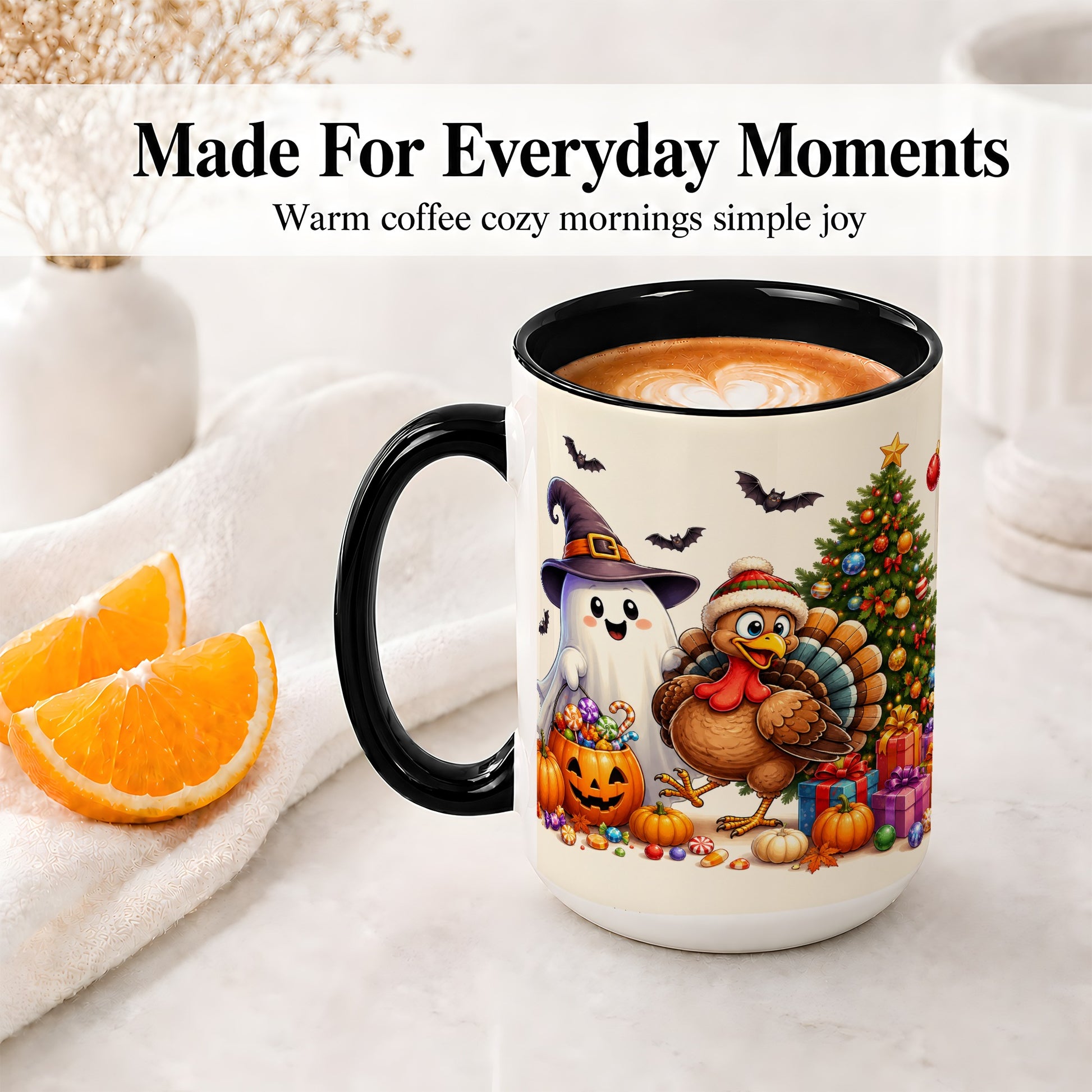 #pl[15oz|Black] Ghost Turkey Christmas Ceramic Mug, Halloween Holiday Seasonal Art
