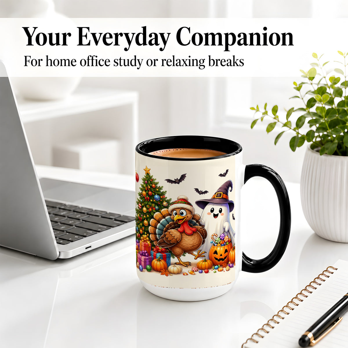 #pl[15oz|Black] Ghost Turkey Christmas Ceramic Mug, Halloween Holiday Seasonal Art