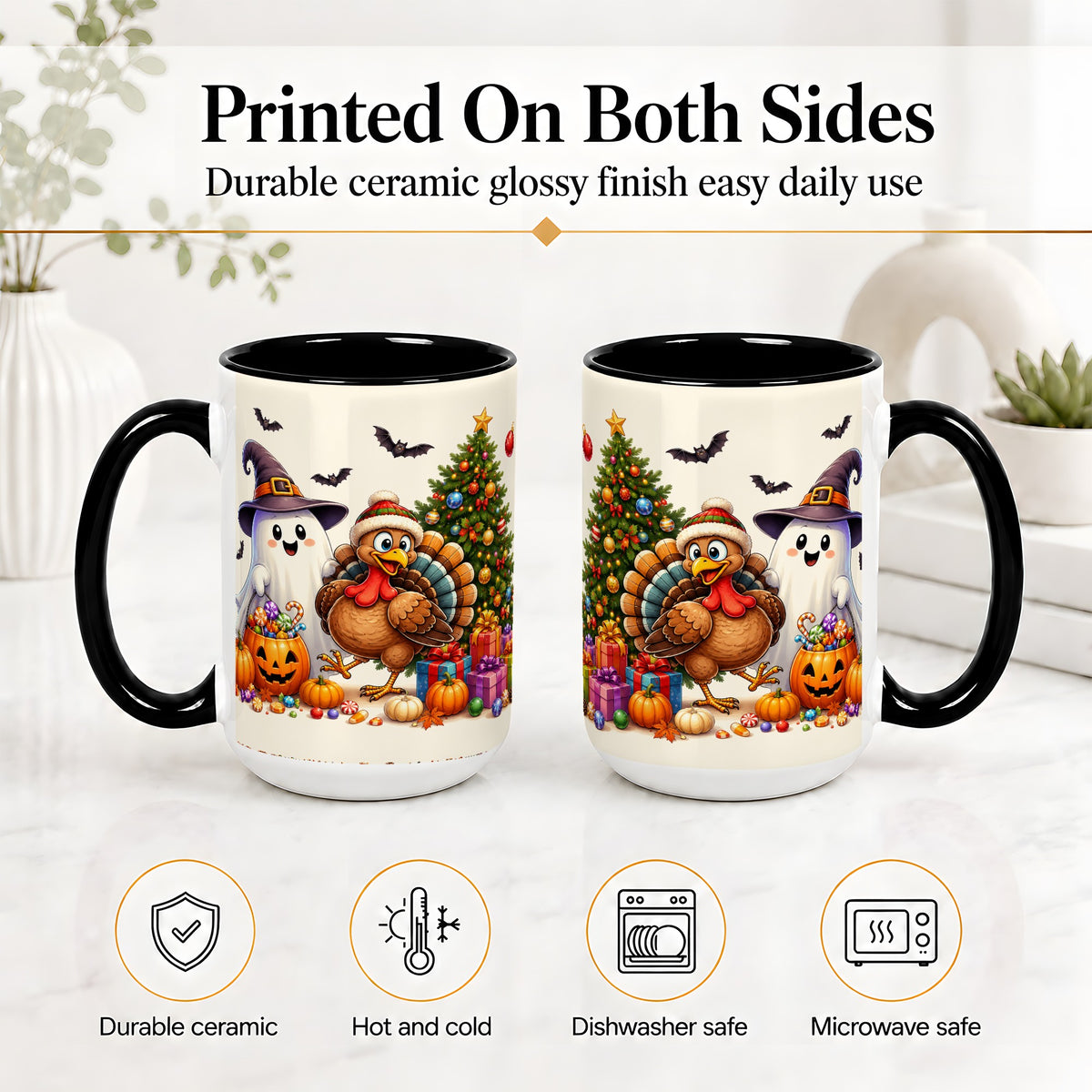 #pl[15oz|Black] Ghost Turkey Christmas Ceramic Mug, Halloween Holiday Seasonal Art