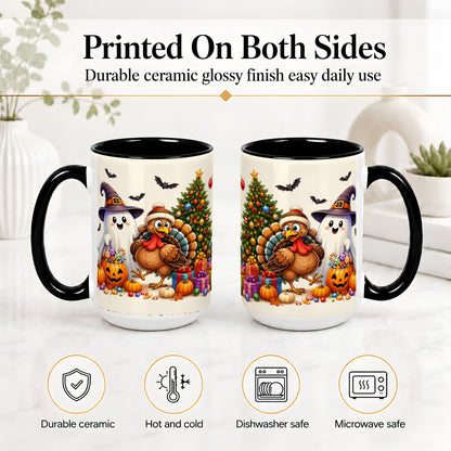 #pl[15oz|Black] Ghost Turkey Christmas Ceramic Mug, Halloween Holiday Seasonal Art