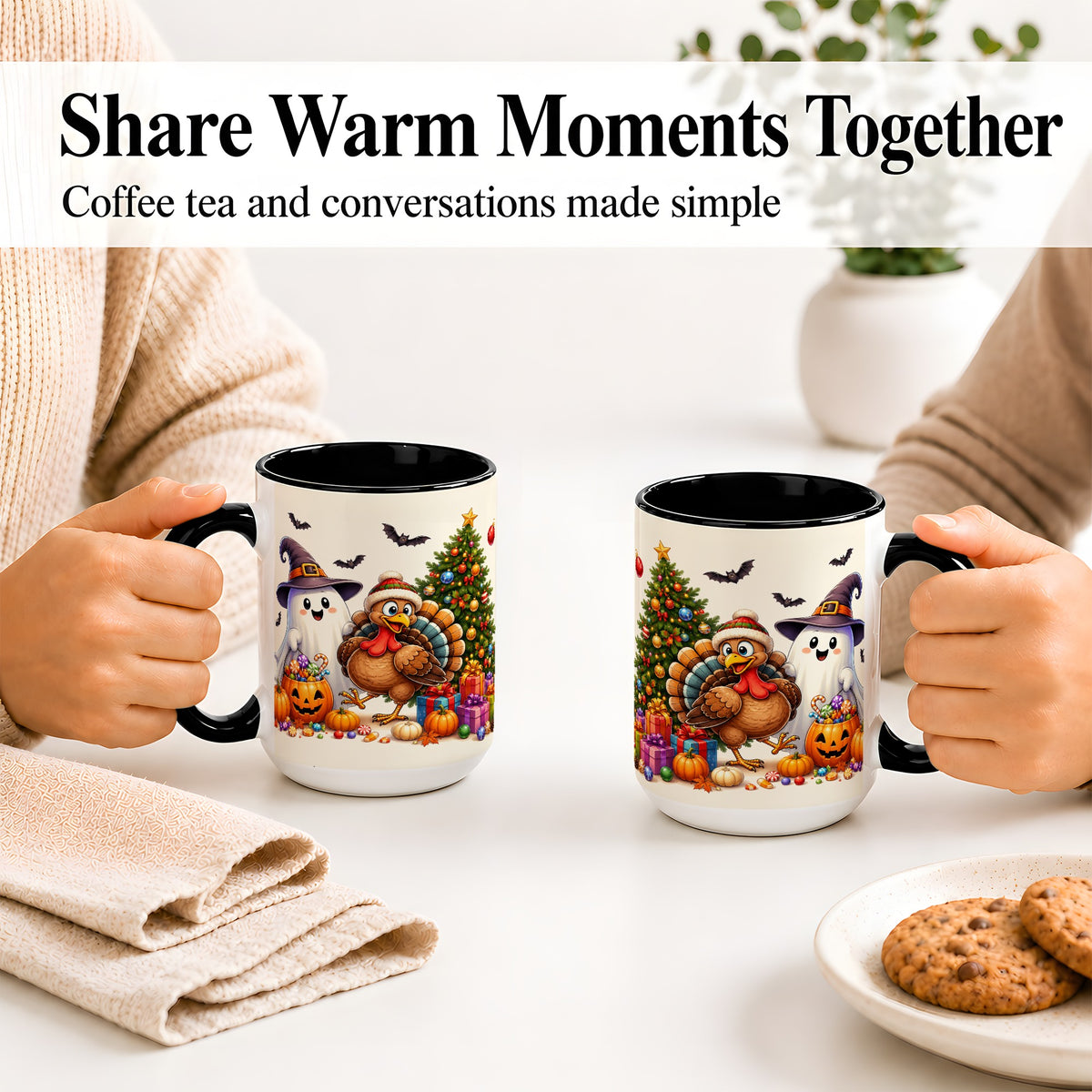 #pl[15oz|Black] Ghost Turkey Christmas Ceramic Mug, Halloween Holiday Seasonal Art