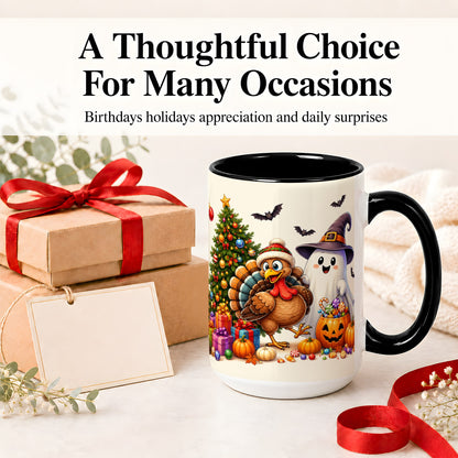 #pl[15oz|Black] Ghost Turkey Christmas Ceramic Mug, Halloween Holiday Seasonal Art