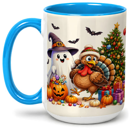 #pl[15oz|Blue] Ghost Turkey Christmas Ceramic Mug, Halloween Holiday Seasonal Art