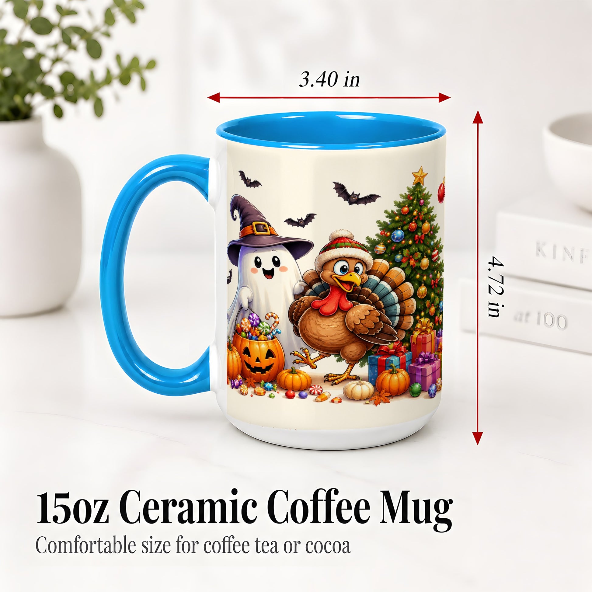 #pl[15oz|Blue] Ghost Turkey Christmas Ceramic Mug, Halloween Holiday Seasonal Art