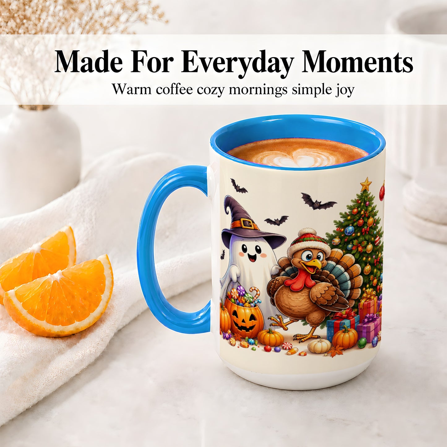 #pl[15oz|Blue] Ghost Turkey Christmas Ceramic Mug, Halloween Holiday Seasonal Art