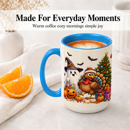 #pl[15oz|Blue] Ghost Turkey Christmas Ceramic Mug, Halloween Holiday Seasonal Art