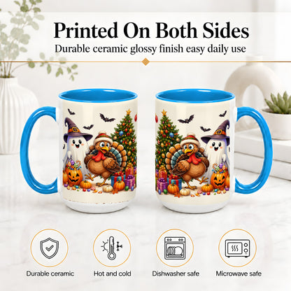 #pl[15oz|Blue] Ghost Turkey Christmas Ceramic Mug, Halloween Holiday Seasonal Art