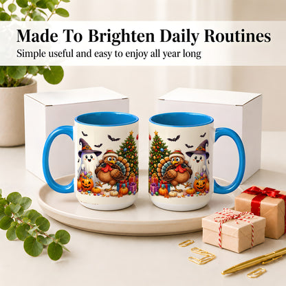 #pl[15oz|Blue] Ghost Turkey Christmas Ceramic Mug, Halloween Holiday Seasonal Art