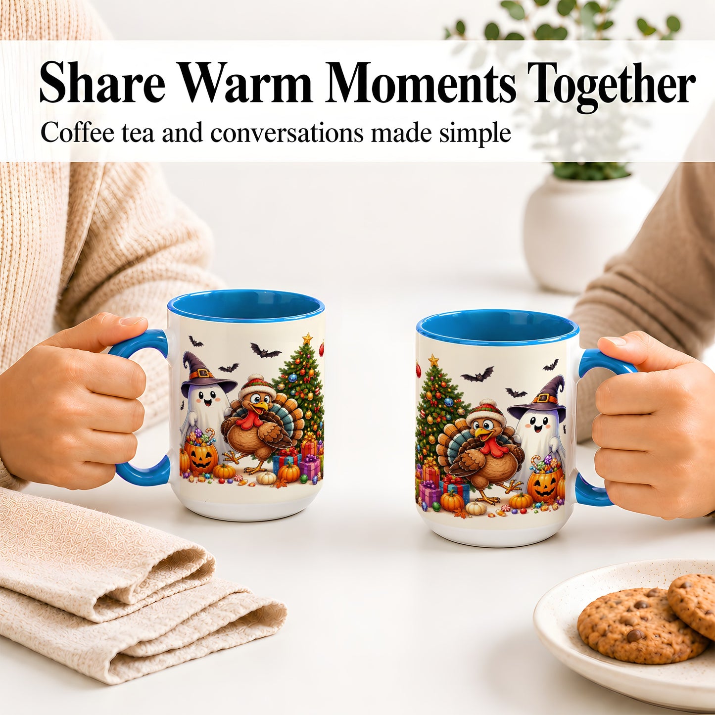 #pl[15oz|Blue] Ghost Turkey Christmas Ceramic Mug, Halloween Holiday Seasonal Art