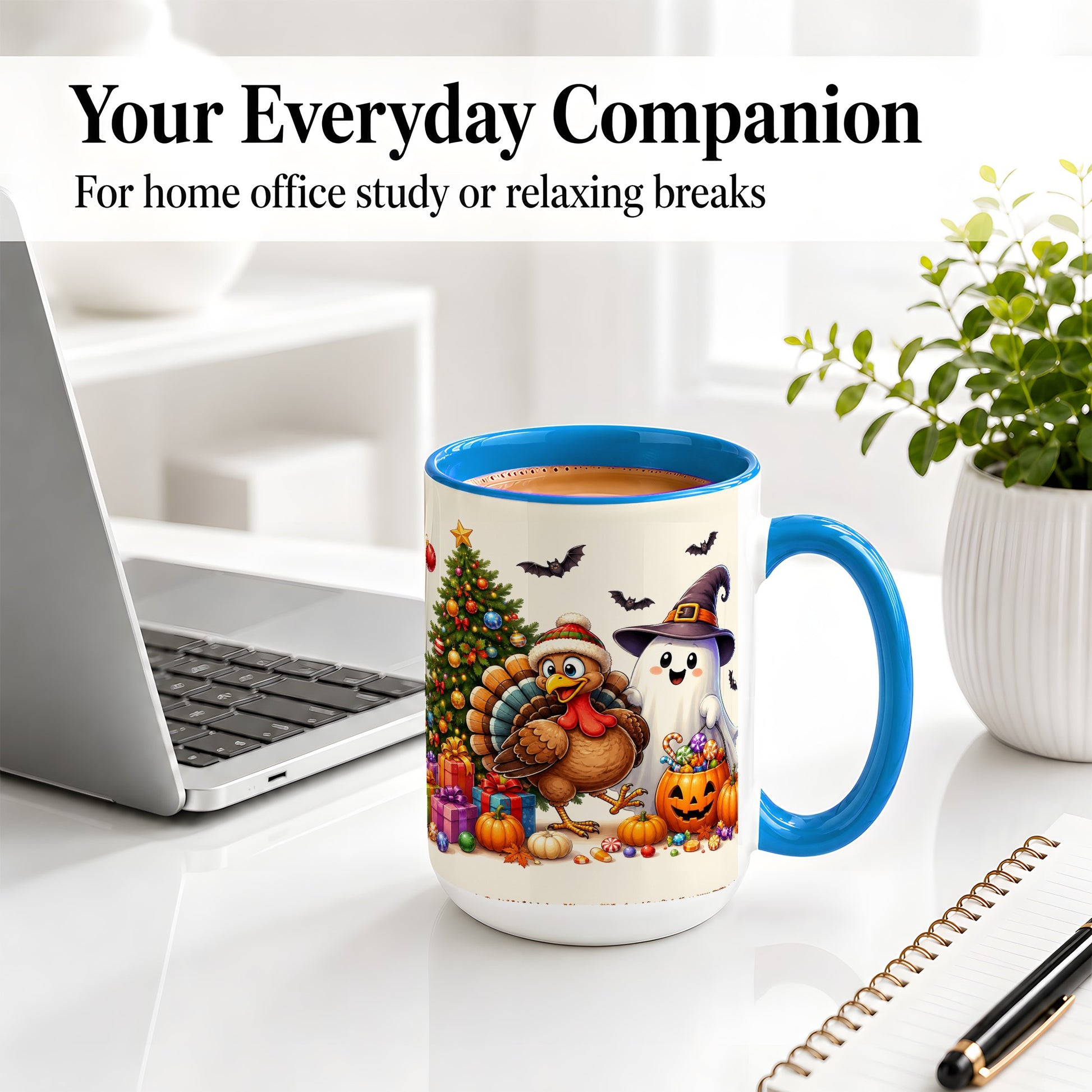 #pl[15oz|Blue] Ghost Turkey Christmas Ceramic Mug, Halloween Holiday Seasonal Art