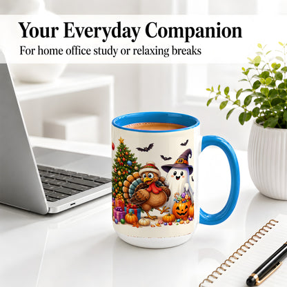#pl[15oz|Blue] Ghost Turkey Christmas Ceramic Mug, Halloween Holiday Seasonal Art