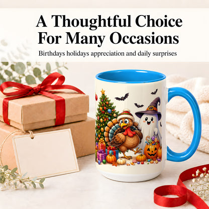 #pl[15oz|Blue] Ghost Turkey Christmas Ceramic Mug, Halloween Holiday Seasonal Art