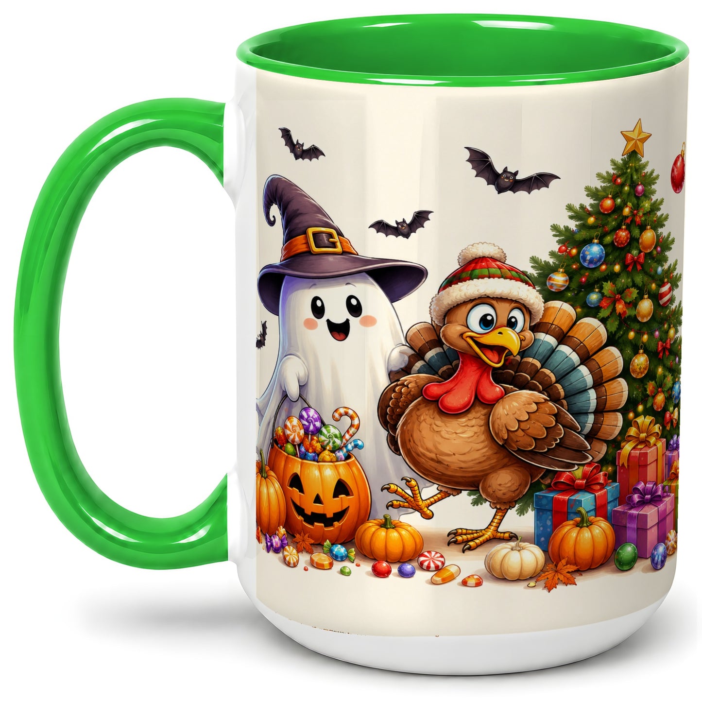 #pl[15oz|Green] Ghost Turkey Christmas Ceramic Mug, Halloween Holiday Seasonal Art