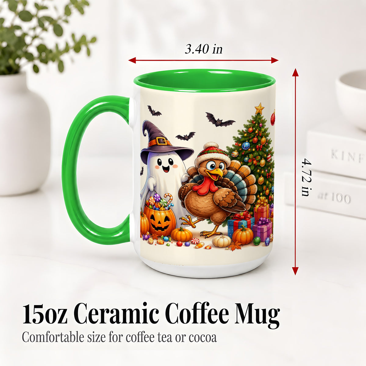 #pl[15oz|Green] Ghost Turkey Christmas Ceramic Mug, Halloween Holiday Seasonal Art