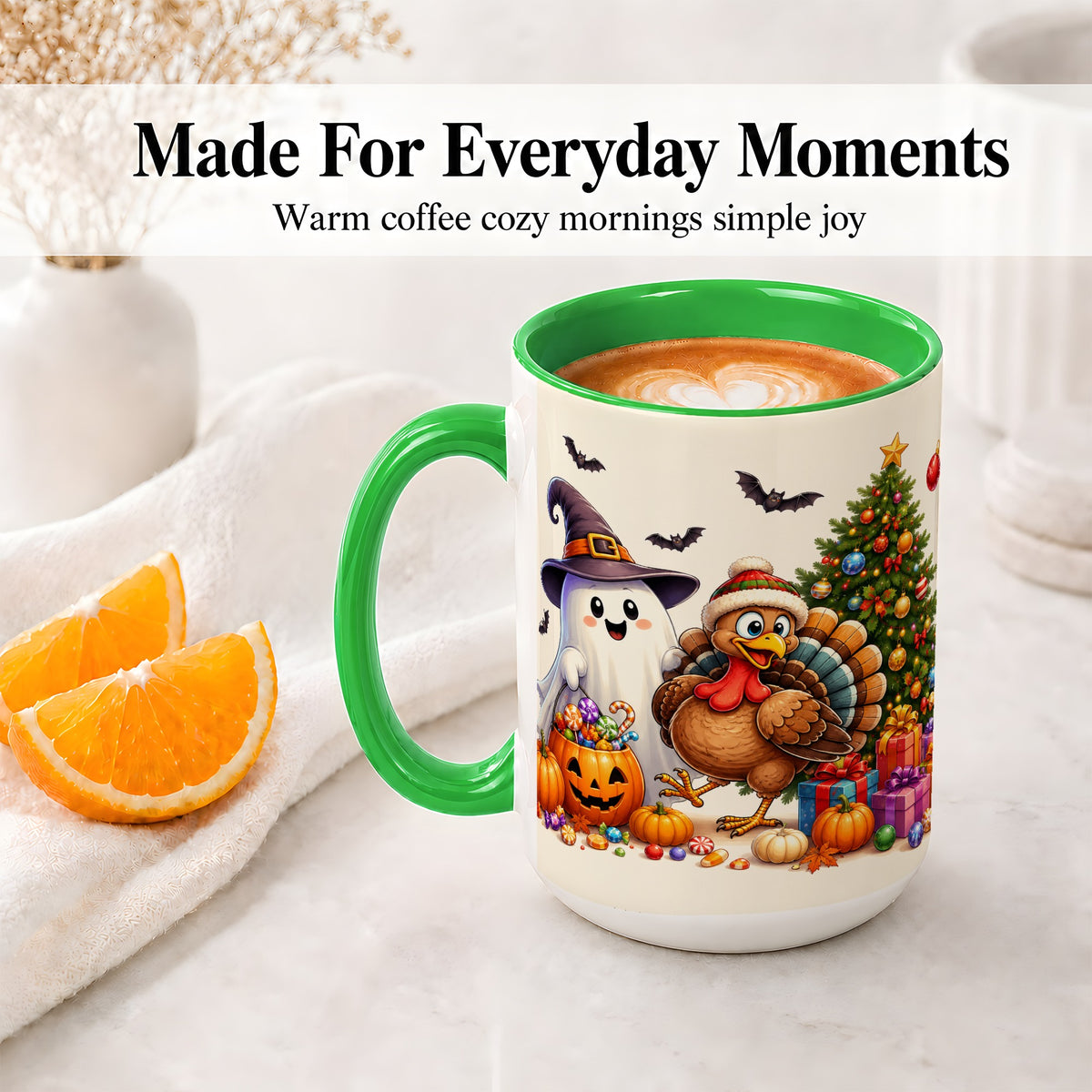 #pl[15oz|Green] Ghost Turkey Christmas Ceramic Mug, Halloween Holiday Seasonal Art