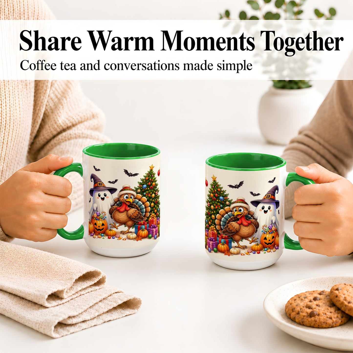 #pl[15oz|Green] Ghost Turkey Christmas Ceramic Mug, Halloween Holiday Seasonal Art