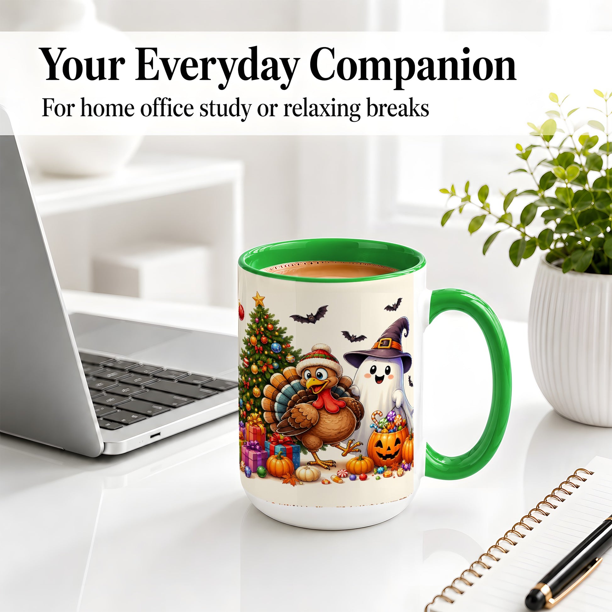 #pl[15oz|Green] Ghost Turkey Christmas Ceramic Mug, Halloween Holiday Seasonal Art