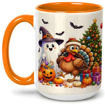 #pl[15oz|Orange] Ghost Turkey Christmas Ceramic Mug, Halloween Holiday Seasonal Art