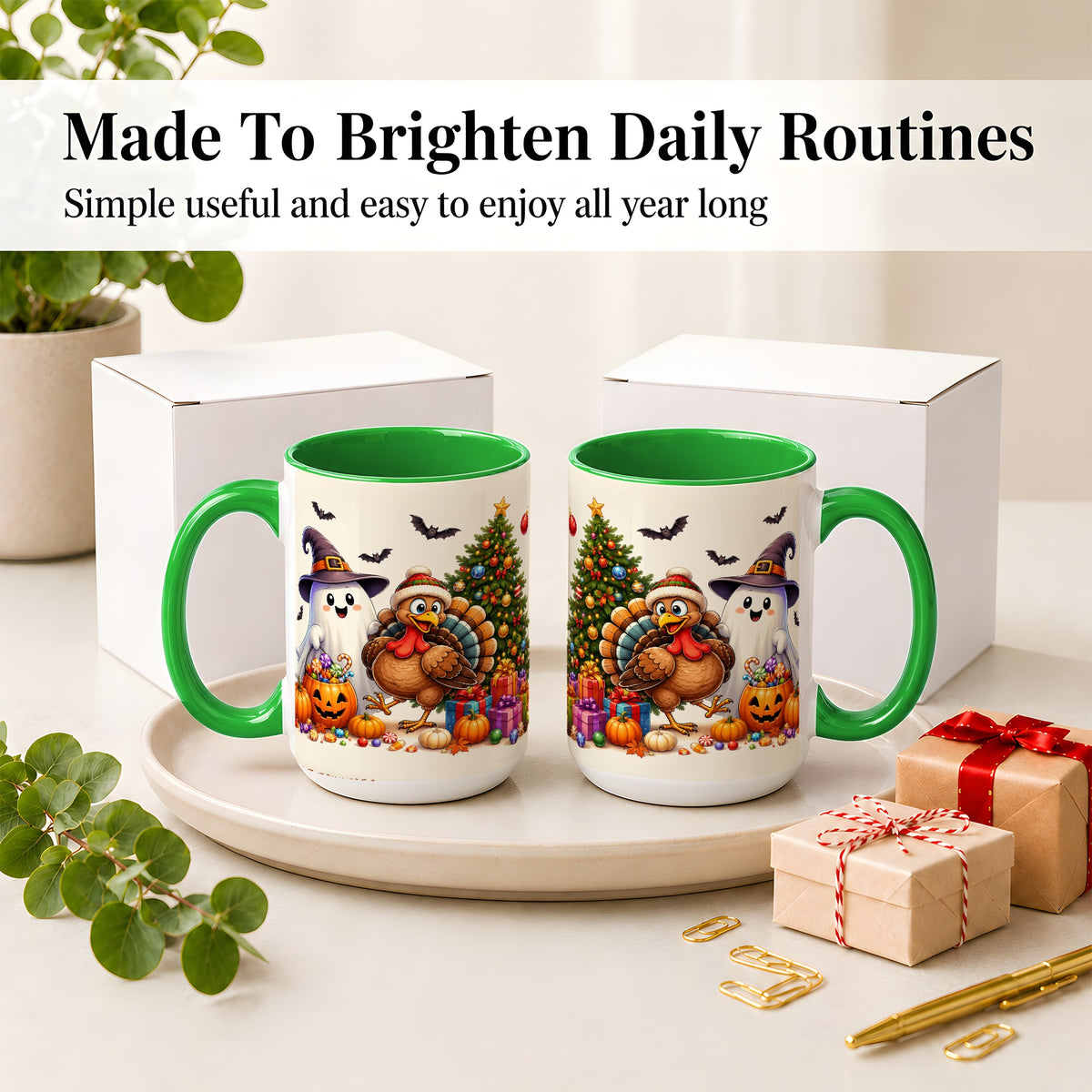 #pl[15oz|Green] Ghost Turkey Christmas Ceramic Mug, Halloween Holiday Seasonal Art