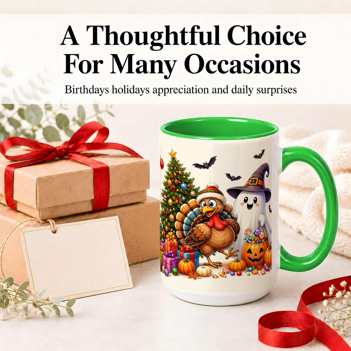 #pl[15oz|Green] Ghost Turkey Christmas Ceramic Mug, Halloween Holiday Seasonal Art