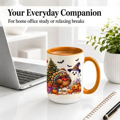 #pl[15oz|Orange] Ghost Turkey Christmas Ceramic Mug, Halloween Holiday Seasonal Art