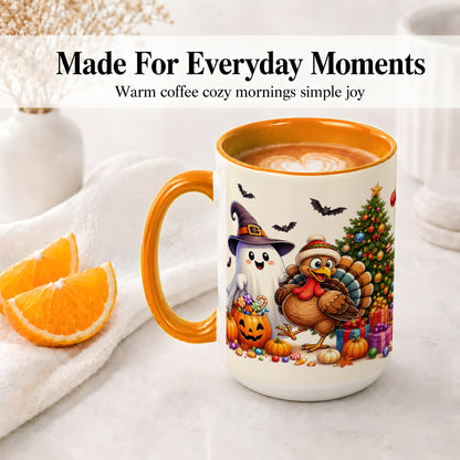 #pl[15oz|Orange] Ghost Turkey Christmas Ceramic Mug, Halloween Holiday Seasonal Art