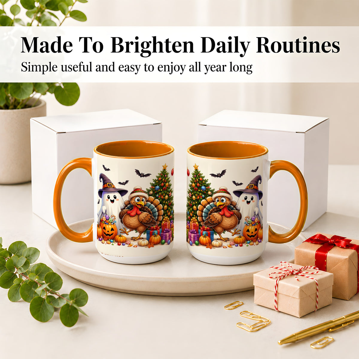 #pl[15oz|Orange] Ghost Turkey Christmas Ceramic Mug, Halloween Holiday Seasonal Art