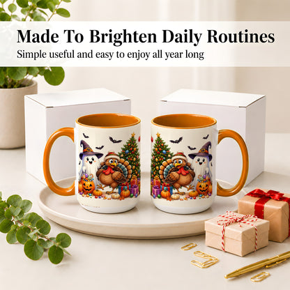 #pl[15oz|Orange] Ghost Turkey Christmas Ceramic Mug, Halloween Holiday Seasonal Art