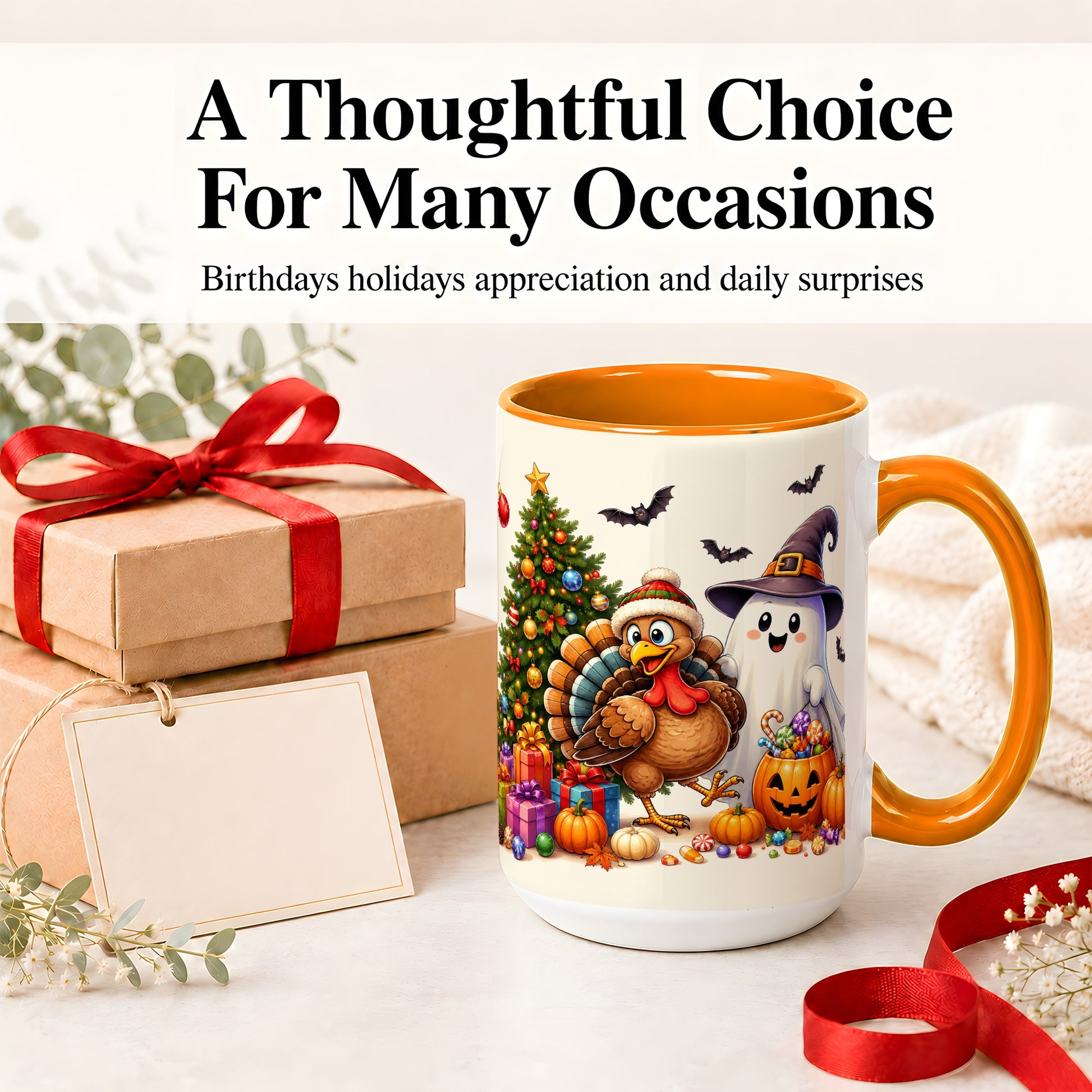 #pl[15oz|Orange] Ghost Turkey Christmas Ceramic Mug, Halloween Holiday Seasonal Art