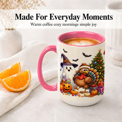#pl[15oz|Pink] Ghost Turkey Christmas Ceramic Mug, Halloween Holiday Seasonal Art