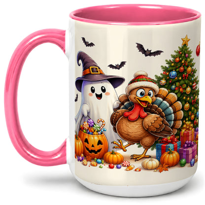 #pl[15oz|Pink] Ghost Turkey Christmas Ceramic Mug, Halloween Holiday Seasonal Art